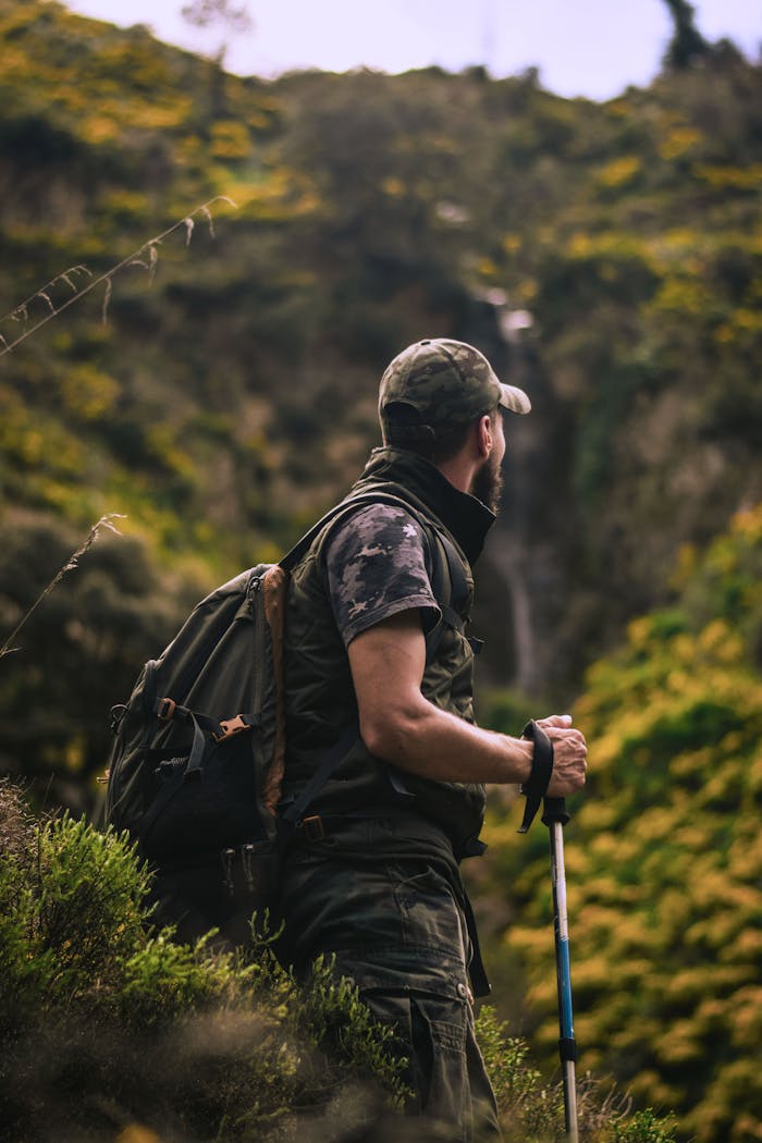 our-services-1 Man with hiking gear explores lush forest landscape, embodying adventure and nature.