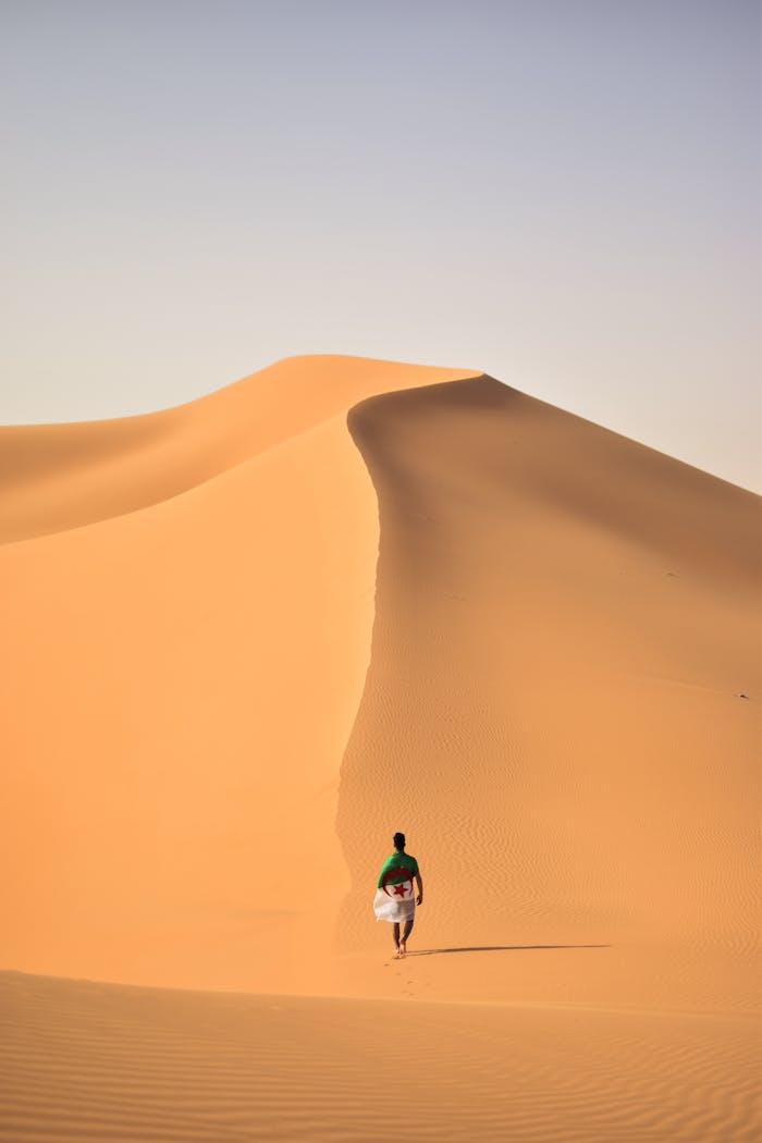 gallery-1 A lone traveler walking over the vast, golden sand dunes of the Sahara Desert in Algeria.